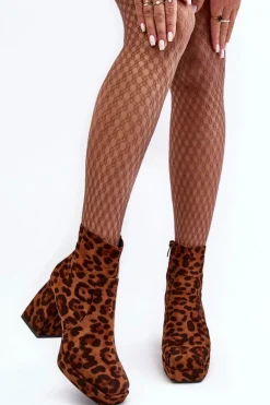 Zamszowe Botki Na Masywnym Obcasie Zwierzęcy Wzór Brązowe Abnous