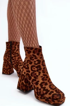 Zamszowe Botki Na Masywnym Obcasie Zwierzęcy Wzór Brązowe Abnous