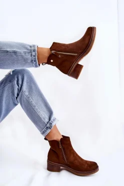 Zamszowe Botki Na Niskim Słupku Brązowe Laurisa