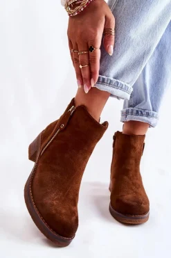 Zamszowe Botki Na Niskim Słupku Brązowe Laurisa