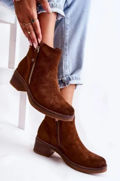 Zamszowe Botki Na Niskim Słupku Brązowe Laurisa