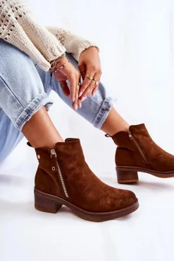 Zamszowe Botki Na Niskim Słupku Brązowe Laurisa