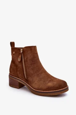 Zamszowe Botki Na Niskim Słupku Brązowe Laurisa