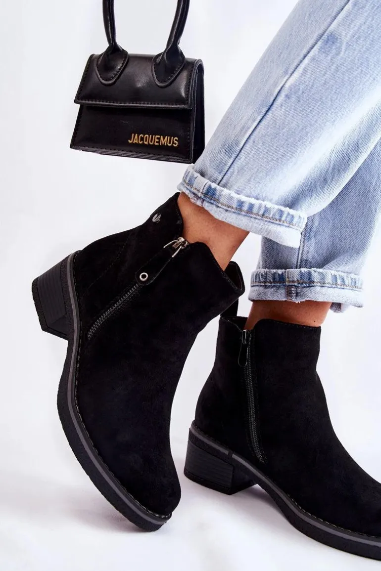 Zamszowe Botki Na Niskim Słupku Czarne Laurisa