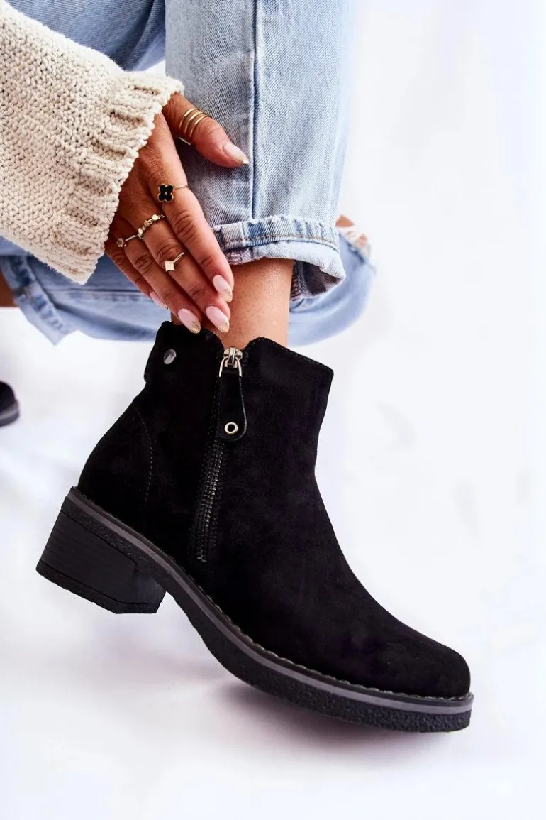 Zamszowe Botki Na Niskim Słupku Czarne Laurisa