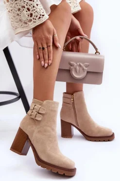 Zamszowe Botki Na Obcasie Beżowe Makeline