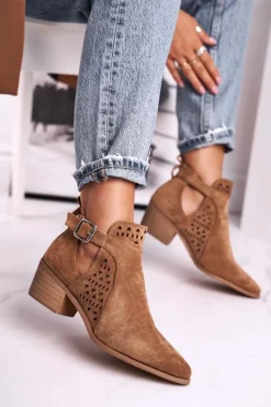 Zamszowe Botki Na Obcasie Z Klamrą Camel Esen