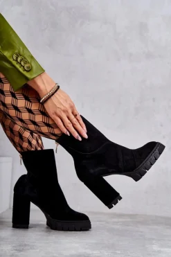 Zamszowe Botki Na Obcasie Czarne Elia