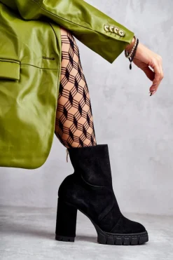 Zamszowe Botki Na Obcasie Czarne Elia