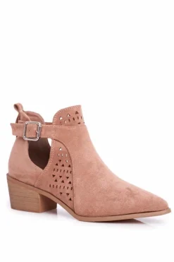 Zamszowe Botki Na Obcasie Z Klamrą Różowe Esen