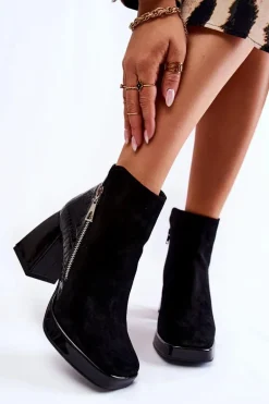 Zamszowe Botki Na Obcasie Geometryczny Wzór Czarne Alienore