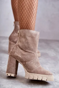 Zamszowe Botki Na Obcasie Beżowe Elia