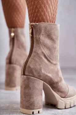 Zamszowe Botki Na Obcasie Beżowe Elia