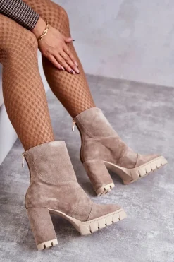 Zamszowe Botki Na Obcasie Beżowe Elia