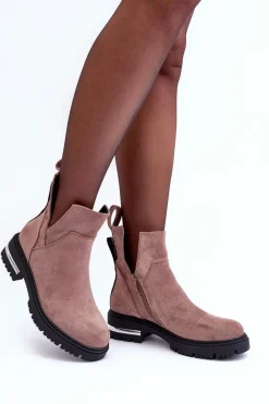 Zamszowe Botki Na Płaskim Obcasie Z Wycięciami Ciemnobeżowe Lamedella