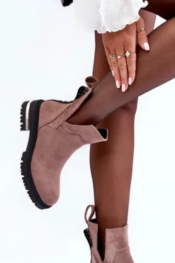 Zamszowe Botki Na Płaskim Obcasie Z Wycięciami Ciemnobeżowe Lamedella