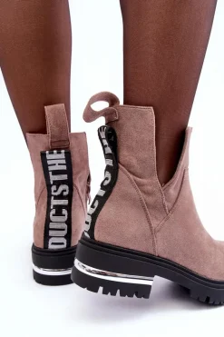 Zamszowe Botki Na Płaskim Obcasie Z Wycięciami Ciemnobeżowe Lamedella