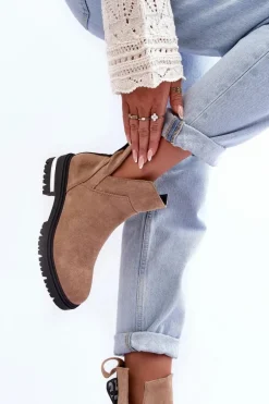 Zamszowe Botki Na Płaskim Obcasie Z Wycięciami Beżowe Lamedella