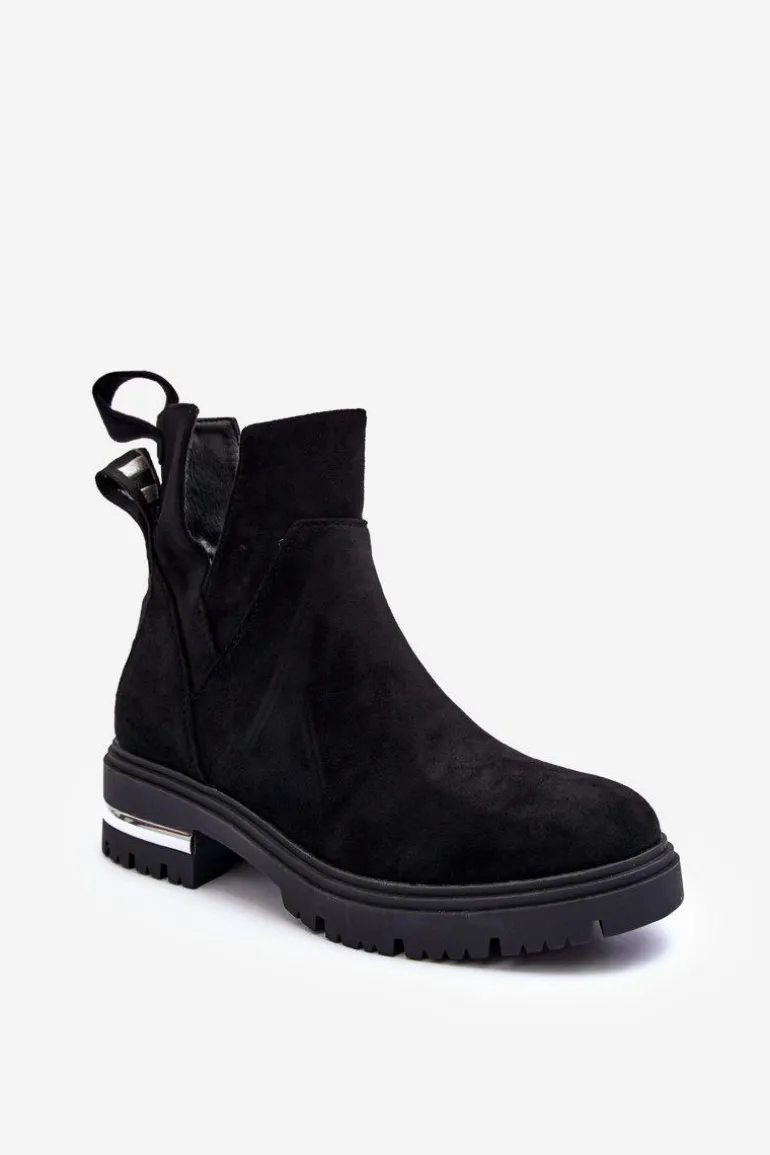 Zamszowe Botki Na Płaskim Obcasie Z Wycięciami Czarne Lamedella