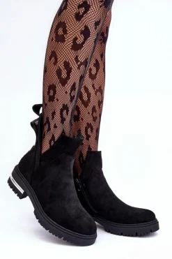 Zamszowe Botki Na Płaskim Obcasie Z Wycięciami Czarne Lamedella