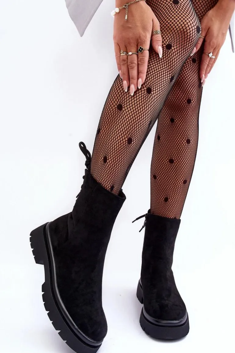 Zamszowe Botki Na Płaskim Obcasie Sznurowane Czarne Lakyta