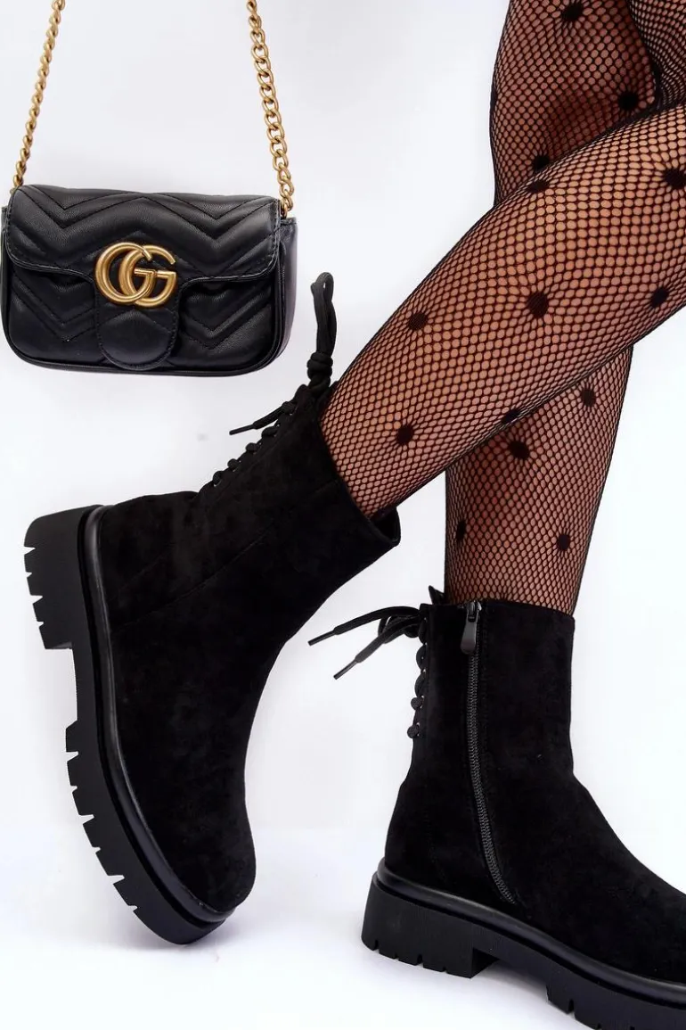 Zamszowe Botki Na Płaskim Obcasie Sznurowane Czarne Lakyta