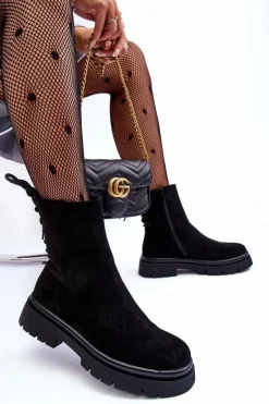 Zamszowe Botki Na Płaskim Obcasie Sznurowane Czarne Lakyta