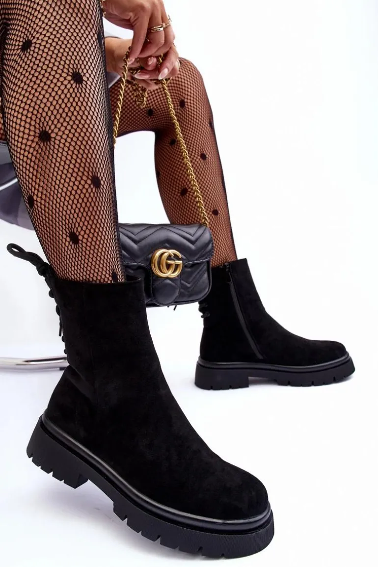 Zamszowe Botki Na Płaskim Obcasie Sznurowane Czarne Lakyta