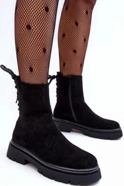 Zamszowe Botki Na Płaskim Obcasie Sznurowane Czarne Lakyta