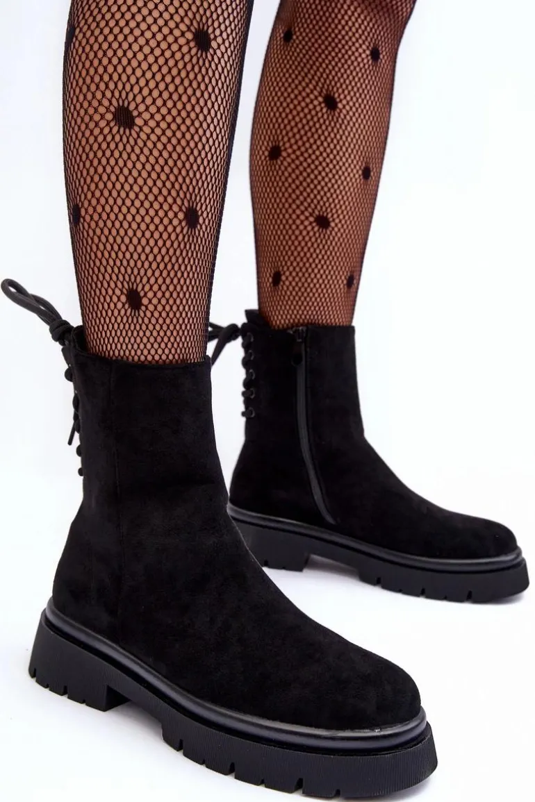 Zamszowe Botki Na Płaskim Obcasie Sznurowane Czarne Lakyta