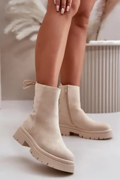 Zamszowe Botki Na Płaskim Obcasie Sznurowane Beżowe Lakyta