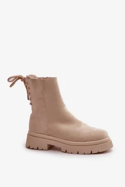 Zamszowe Botki Na Płaskim Obcasie Sznurowane Beżowe Lakyta