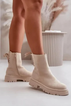 Zamszowe Botki Na Płaskim Obcasie Sznurowane Beżowe Lakyta