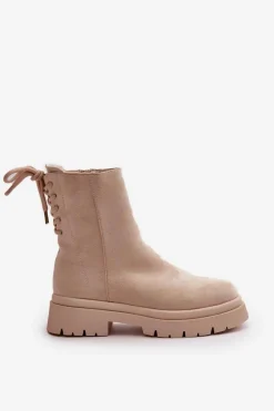 Zamszowe Botki Na Płaskim Obcasie Sznurowane Beżowe Lakyta