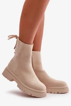 Zamszowe Botki Na Płaskim Obcasie Sznurowane Beżowe Lakyta