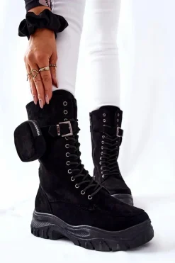 Zamszowe Botki Na Platformie Z Nerką Czarne Issanti