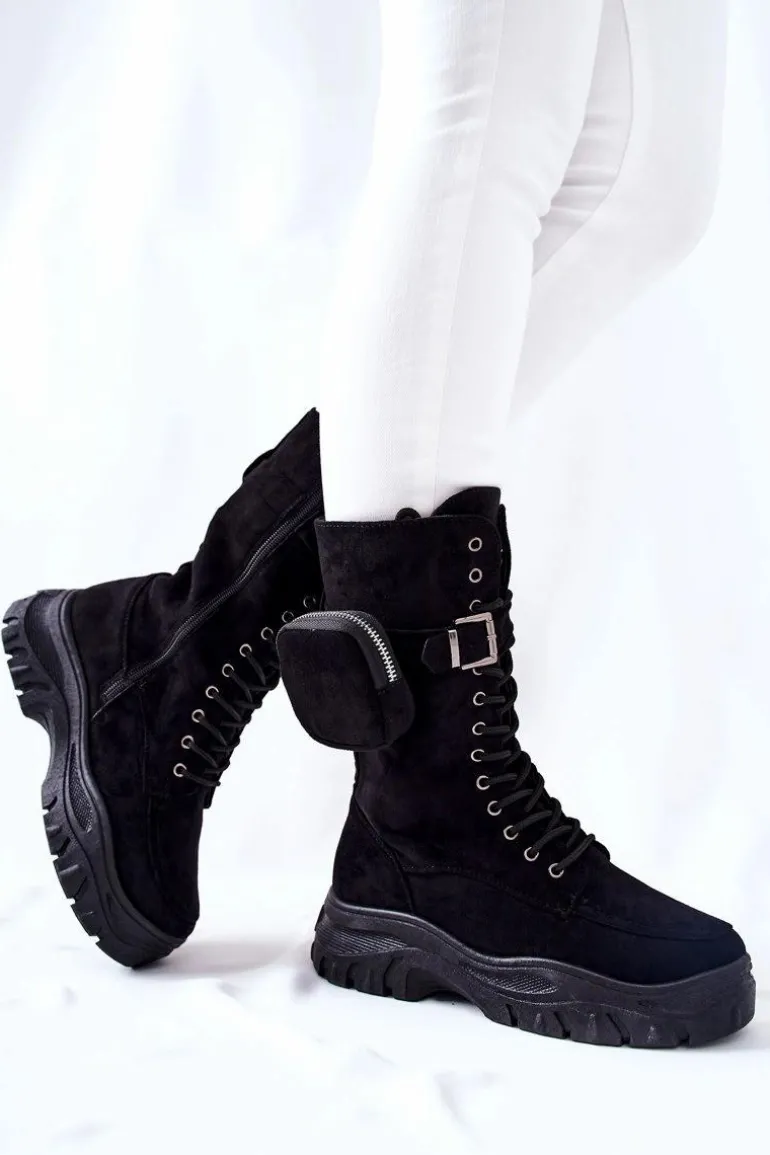 Zamszowe Botki Na Platformie Z Nerką Czarne Issanti