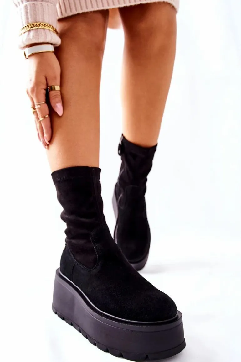 Zamszowe Botki Na Platformie Maciejka Czarne 05319-01