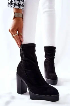 Zamszowe Botki Na Słupku Czarne Marlevo