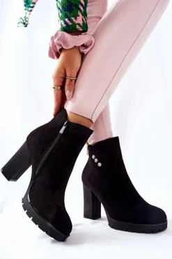 Zamszowe Botki Na Słupku Czarne Lagerlla