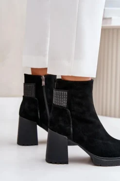 Zamszowe Botki Na Słupku Ocieplane D&A CR42-106 Czarne