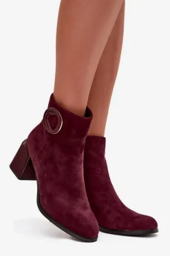 Zamszowe Botki Na Słupku Ocieplane Z Ozdobnym Detalem Artiker 57C0016 Bordowe