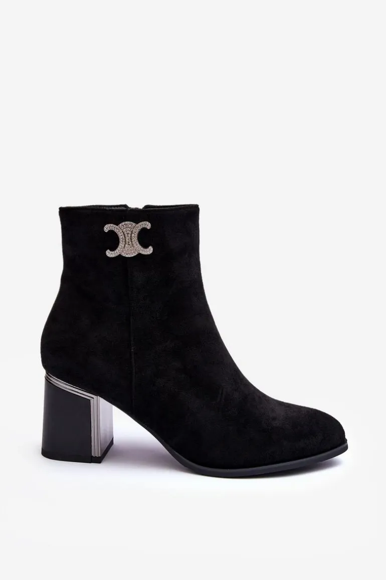 Zamszowe Botki Na Słupku Z Ozdobą Czarne Dwinja