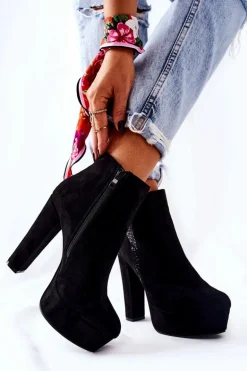 Zamszowe Botki Na Wysokim Obcasie Czarne Sarsea