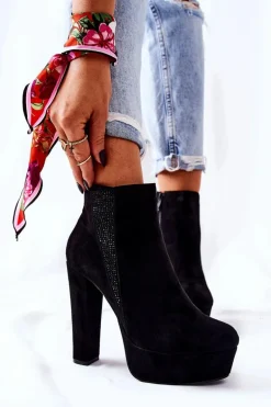 Zamszowe Botki Na Wysokim Obcasie Czarne Sarsea