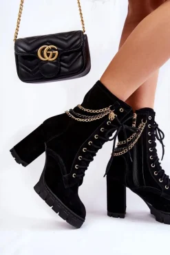 Zamszowe Botki Sznurowane Lewski Shoes 3244/G Czarne