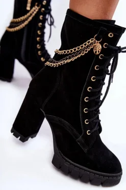 Zamszowe Botki Sznurowane Lewski Shoes 3244/G Czarne