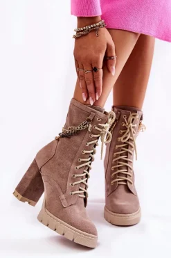 Zamszowe Botki Sznurowane Lewski Shoes 3244/G Beżowe