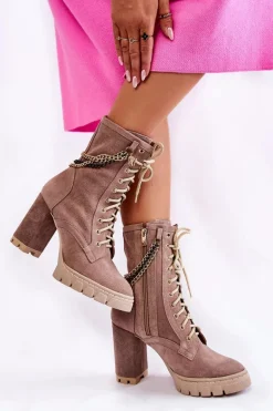 Zamszowe Botki Sznurowane Lewski Shoes 3244/G Beżowe