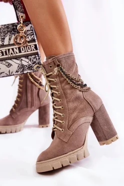 Zamszowe Botki Sznurowane Lewski Shoes 3244/G Beżowe